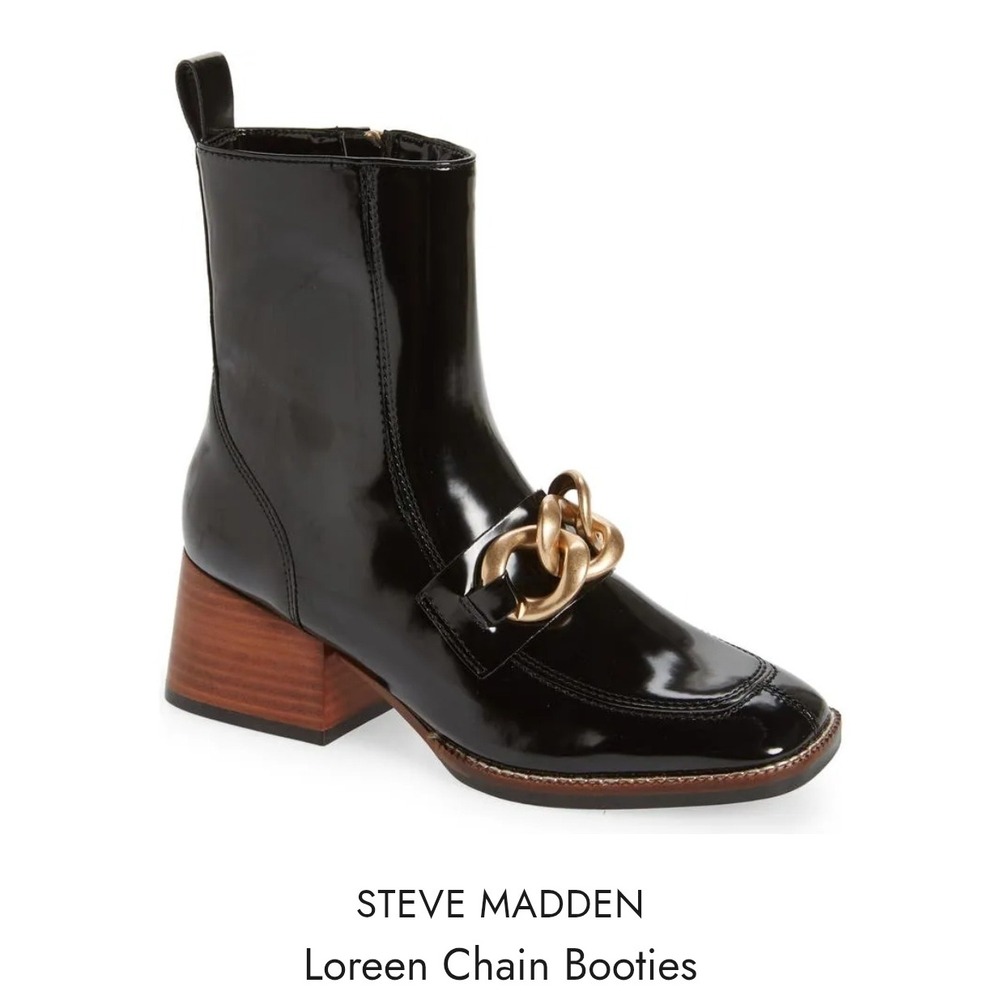 Steve Madden Loreen Boots Black Gold Chain Square Toe Wood‎ Block Heel Size 9M